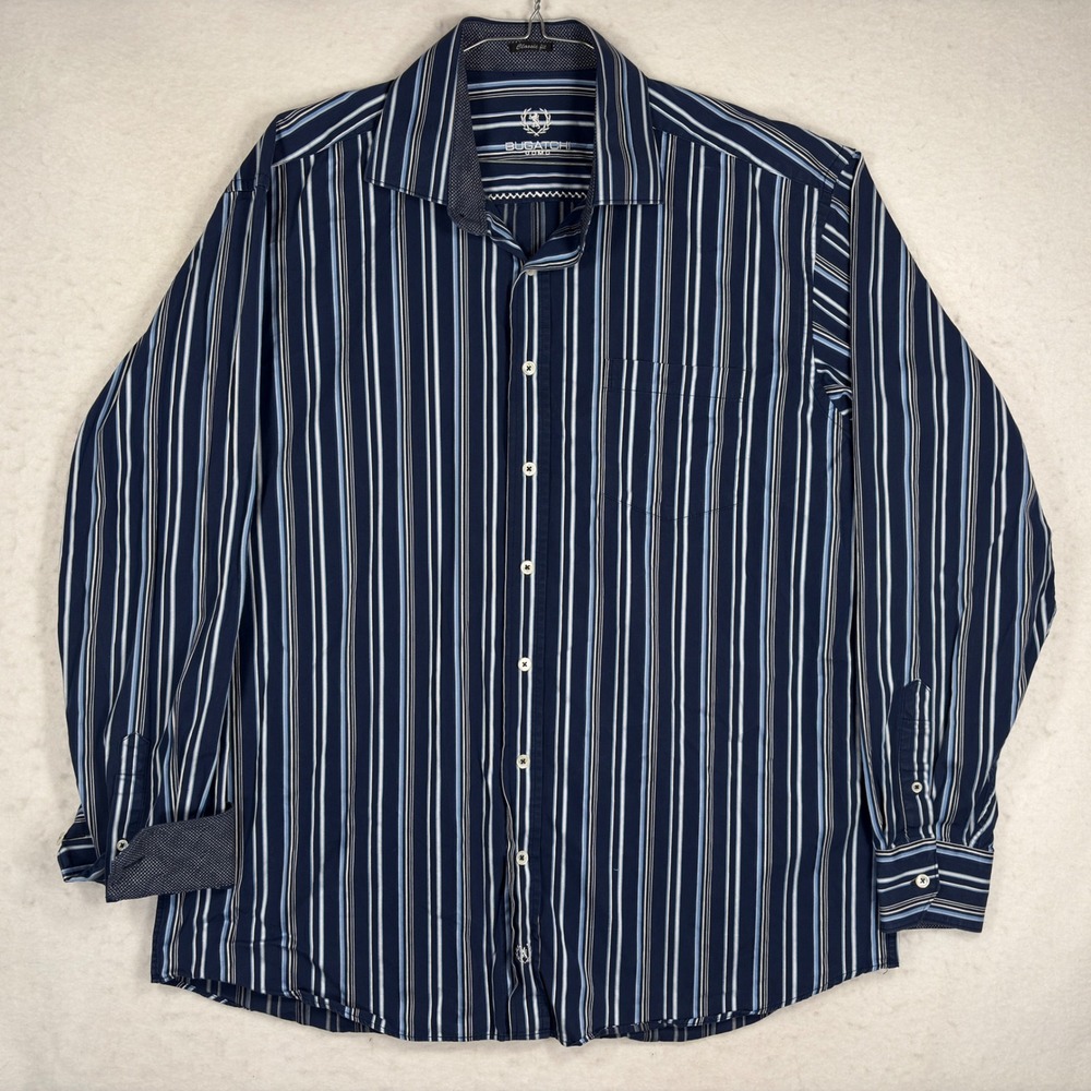 Bugatchi Uomo Mens Classic Fit Striped Long Sleeve Button Down Shirt Navy Blue L